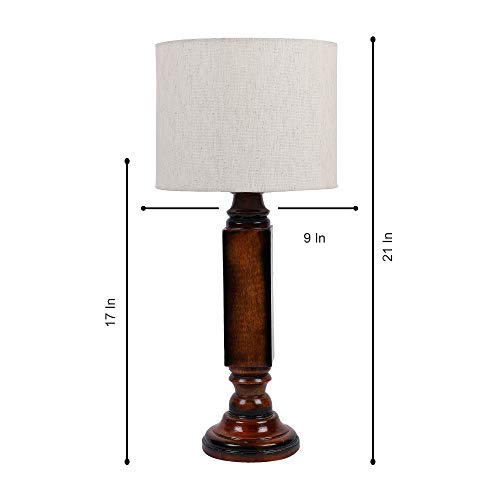 Image of tu casa Mango Wood Table Lamp with Satin Cobra Saffron Print Shade | Handmade Rustic Bedside Lamp for Bedroom, Living Room & Home Decor