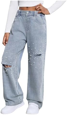 MakeMeChic Girl's Ripped Pearl Beaded Jeans Zip Fly Straight Leg Y2K Grunge Deni