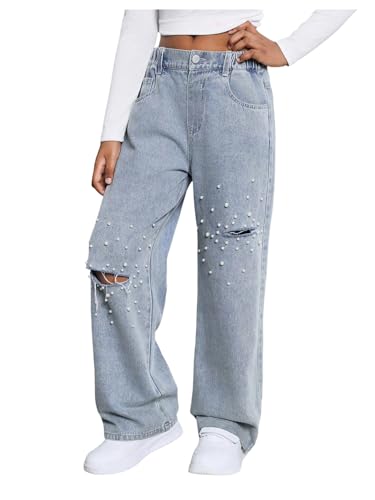 MakeMeChic Girl's Ripped Pearl Beaded Jeans Zip Fly Straight Leg Y2K Grunge Denim Pants