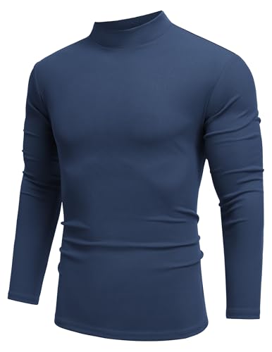 COOFANDY Jersey para hombre con cuello alto, corte ajustado, media camiseta de cuello alto, punto monocolor, invierno, moderno, camiseta de manga larga, azul marino, L