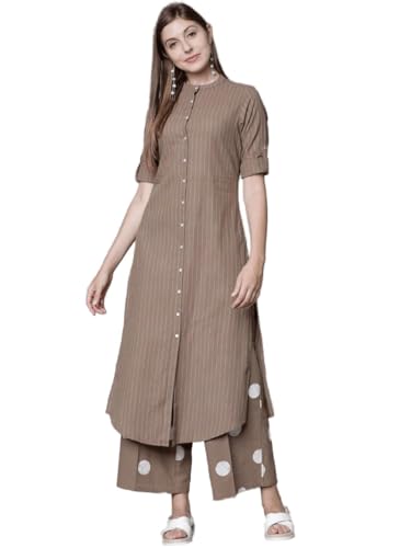 Image of Women's Pure Cotton Solid Kurti With Pant Set (Brown)
