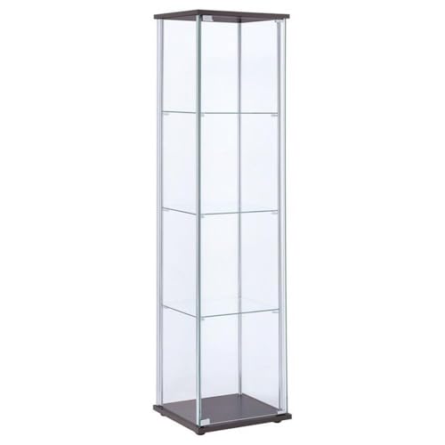 BOWERY HILL 4 Shelf Glass Display Case Cabinet with Chrome Support Beams and Cappuccino Brown Top/Base