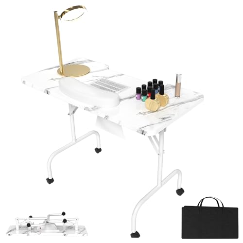 LZQ Table de manucure pliable avec aspirateur - Table mobile pour aspiration de poussière - Salon de manucure - 94 x 48 x 72 cm - Grain blanc