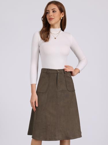 Allegra K Women's Casual Faux Suede Pockets Stretch A-line Midi Skirt with Belt3