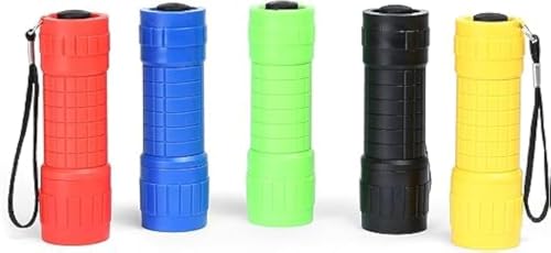 TDNE 9-LED Flashlight Impact Flash Light Assorted Colors With Lanyard (Kids, Night Reading, Party, Camping, Emergency, Hunting) - Pack of 5