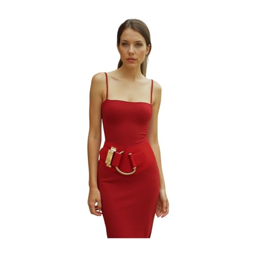 TrendyFashionJewelry Women Elastic Wide Belt Hip High Waist Gold Hook Buckle S M Red2