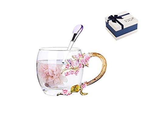 QIQIHOME Flower Glass Tea Mug, 11oz Lead Free Handmade, Glass Cup with Handle