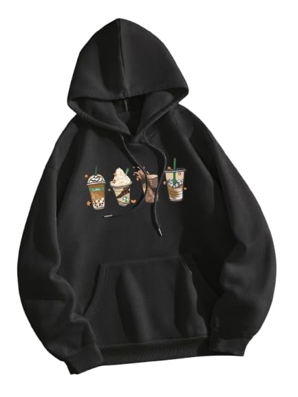 Coffee Drinks Graphic Pullover Hoodie, Purple, Front Pocket, Casual Sweatshirt-image-4