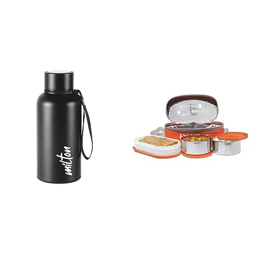 Image of Milton Aura 500 Thermosteel Bottle, 520 ml, Black & Milton Executive Insulated Lunch Box (2 Container, 280 ml Each; 1 Microwave Safe Container, 450 ml), Orange