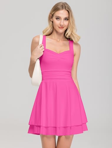 Image of IWD Women's Square Neck Sleeveless Mini Dress Ruched Waist Tiered Ruffle Hem A Line Short Dresses