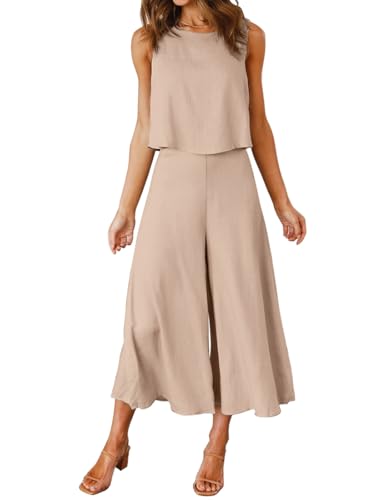 FANCYINN Damen Sommer Zweiteiliges Outfit Jumpsuit Elegant Ärmelloses Rundhals Tanktop gekürzte Weite Beinhose Aprikose XS