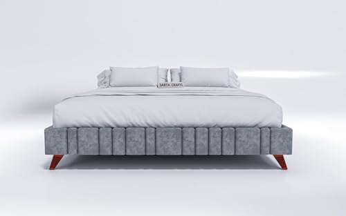 Image of Craft Modern Upholstered Double Size Bed for Bedroom | Wooden Double Bed | Platform Cot Bed with Upholstery Premium Fabric | 6.5 x 4 Ft | Sheesham Wood, Rosewood, Grey