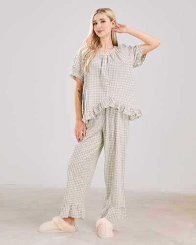 Womens Gingham Pajama Set 2 Piece Short Sleeve Babydoll Shirt and Pants Lounge Set Cute Sleepwear4