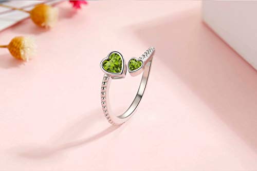 Presentski August Heart Ring Birthstone Rings Girls Ring 925 Sterling Silver Adjustable Open Rings For Women Peridot Gemstone Heart Promise Love Ring Birthday Gifts For Women Girls #TOP3
