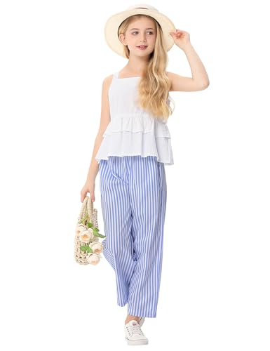 Image of Girl's 2 Piece Striped Outfits Cami Top Wide Leg Pants Ruffle Hem Summer Clothes with 2 Pockets 3-14Y