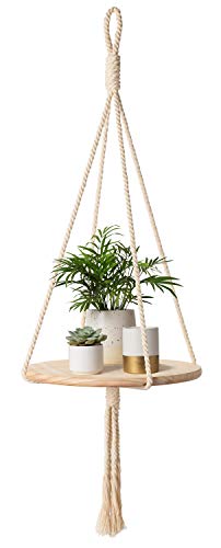 Mkono Wood Hanging Shelf Indoor Macrame Plant Hanger Decorative Flower Pot Holder Boho