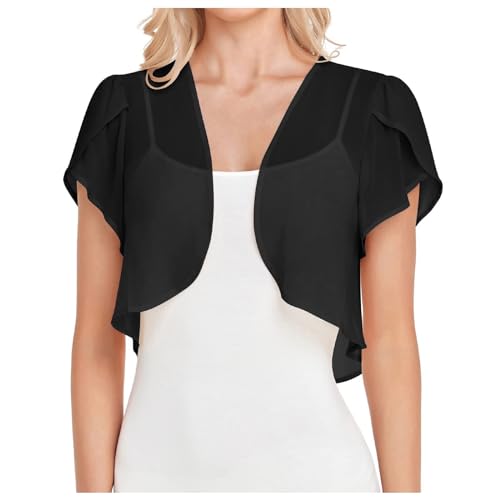 Generisch Bolero de Nochevieja suave para mujer, chal con volantes, chaqueta recortada, chaqueta de bolero, parte superior de manga corta y sudaderas con capucha para bodas, fiestas, clubes, Negro ,