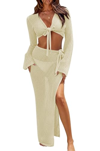 Image of Cakulo Women's Crochet Cover Up 2 Piece Beach Skirt Sets | Hollow Out, Tie Front Crop Tops, Bell Sleeve, Sarong Wraps, Swimsuit Bathing Suit Coverup, Resort Wear Beach Vacation Outfits