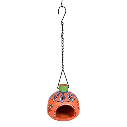 Image of AAKRITI ART CREATIONS Terracotta Handpainted Pink Matki Hanging Tea Light | Floral Art Handmade Hanging Decor | Matte Finish Terracotta Decorative Hanging Items for Home | Handpainted Decor