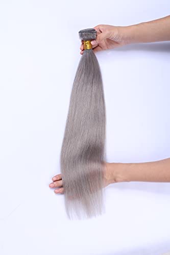 BESSMI Brazilian Remy Hair Weave Natural Straight Grey Human Hair Extensions Silver Gray Hair Bundle Grey Hair Weft 100gram(1 Bundle 20inch)