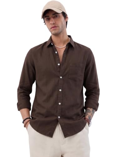 Image of Men's Brown Linen Casual Full Sleeve Shirt with Chest Pocket