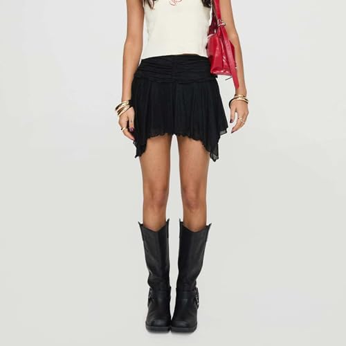 ICNGLKSND Women Y2K Lace Layer Skirt Asymmetrical Ruffle Mini Skirt Smocked See Through Flowy Summer Streetwear3