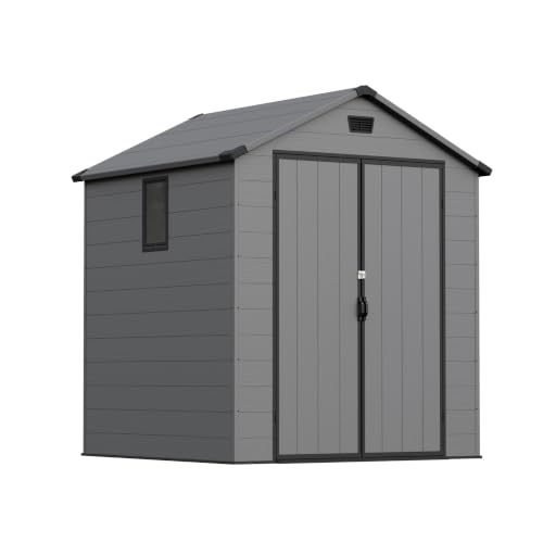 Image of Greesum 6x6FT Plastic Outdoor Storage Shed with Floor, Resin Sheds with Lockable Double Door, Tool Sheds with Window and Vents, for Backyard, Garden, Patio, Dark Gray