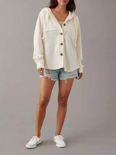 YEMOCILE Women’s Waffle Knit Hooded Shacket Oversized Long Sleeve Button Down Stitching Jacket Coat Outfits4