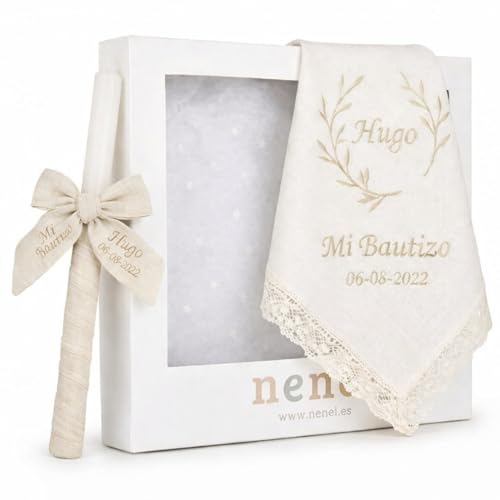 Nenel | Kit de Bautizo Personalizado con Vela y Paño Bordado en Lino Natural – Bambula Beige – Regalo Recuerdo Original Bautismo – Cirio y Toalla Bautismal con Nombre y Fecha Nenel | Kit de Bautizo Personalizado con Vela y Paño Bordado en Lino Natural – Bambula Beige – Regalo Recuerdo Original Bautismo – Cirio y Toalla Bautismal con Nombre y Fecha