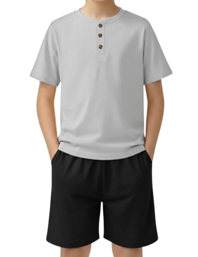 Image of Arshiner Boy's Textured Button Up Shirt and Shorts Set 2 Piece Summer Beach Outfit for 5~12 Years Kids