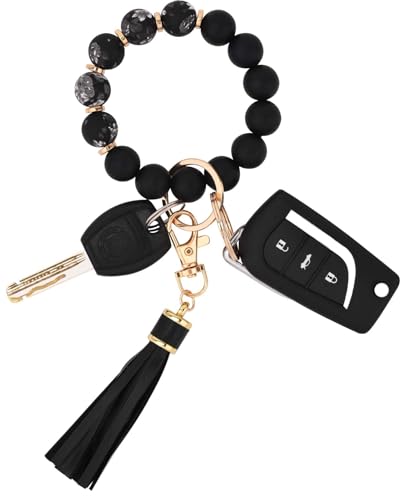 BAOSIWA Silicone Beaded Bracelet Keychain Wristlet Key Ring Bangle Chains for Women with Leather Tassel