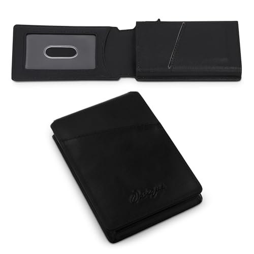 Wallet for Men - Genuine Leather RFID Blocking Wallet, Mens Minimalist Wallet, Slim Compact Wallet with ID Window, Smart Pop Up Card Wallet, Metal Aluminum Credit Card Holder Bifold Wallet (Black)
