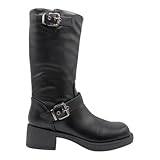  STAY - E82-1988 Botas moteras de mujer con dos hebillas decorativas, polipiel, cierre de cremallera, tacón medio 4,5 cm, piso de goma antideslizante MUJER color: BLACK talla: 37