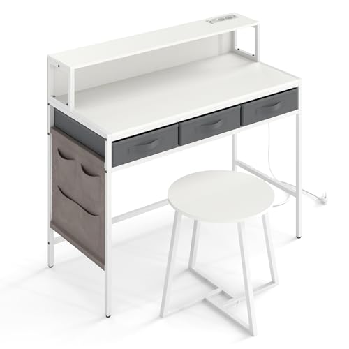 GIANTEX Escritorio de Ordenador con Soporte para Monitor, Mesa Gaming con Bolsa Lateral, 3 Cajones y Estación de Carga, Tocador de Maquillaje con Taburete, para Dormitorio, Oficina (Blanco)