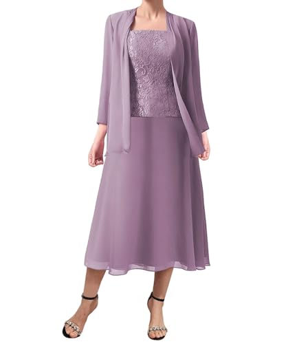 3 piezas de vestidos para madre de la novia, vestidos de noche formales de gasa con chaquetas de manga larga, Morado, 4XL