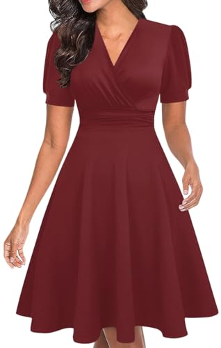 Image of Women's Summer Casual Dress Short Sleeve Wrap V-Neck A-Line Dress Sundress Wedding Guest Cocktail Midi Dresses