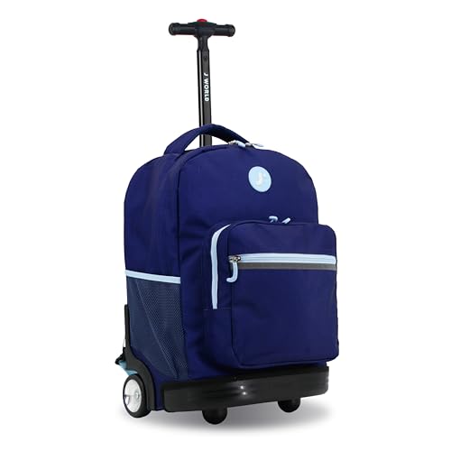 Image of J World Sunrise Kids Rolling Backpack with Wheels for Girls Boys, Roller Bookbag for School, 18 x 13 x 9 Inches, Navy