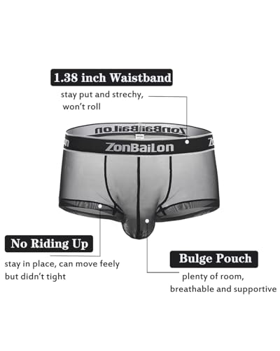 ZONBAILON Mens Sexy Underwear See Through Silk Boxer Pouch Briefs Breathable Mesh Trunks Pack4
