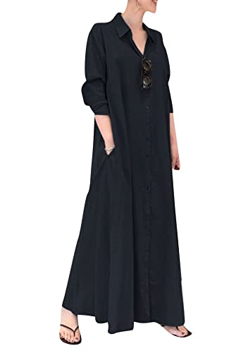 Yming Frauen Lässiges Lockeres Kleid Solid Colour Langarm Rundhalsausschnitt Maxi Kleider Oversize Retro Maxi Kaftan Tunika Kleid Marineblau S