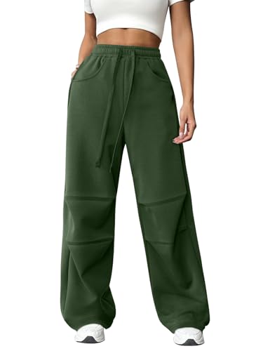 ATHMILE Pants for Women Wide Leg Sweatpants High Waisted Baggy Drawstring Joggers Straight Leg Sweat Pants Green