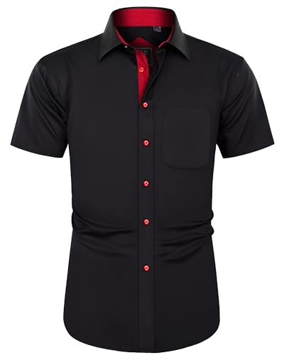 J.VER Hemd Herren Kurzarm Leinenhemd Herren Casual Shirt Einfarbig Sommerhemd Button Down Freizeithemd,Schwarz Rot,2XL