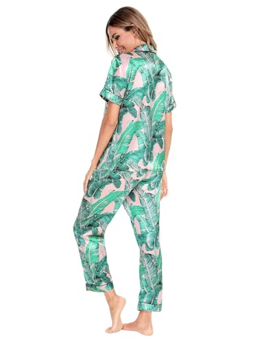 Image of SWOMOG Women Satin Pajamas Set Short Sleeve Top & Pants Sleepwear Silky Button Down Nightwear 2pcs Loungewear Pjs Set Pink Leaves Medium