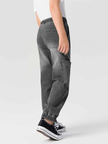 Haloumoning Boys Denim Cargo Pants Kids Elastic Waist Stretch Cargo Jeans with Pockets 5-14 Years4