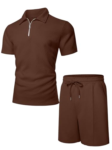UOUA Mens Short Sets 2 Piece Summer Casual Outfits Polo Short Sleeve Shirts & Shorts Track Suit Jogging Loungewear Brown L