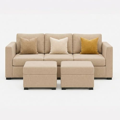 Image of FURNY Revona 5 Seater L Shape Sofa Set with 2 Movable Ottoman | Flexible Left or Right Layout | Plush Velvet Fabric (Beige) | Perfect for Living Room, Guest Room & Office