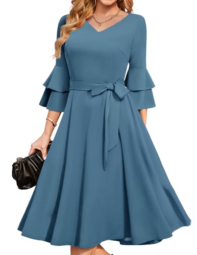 Image of DRESSTELLS Women's Cocktail Dress Summer Wedding Guest Party Vintage 3 /4 Bell Sleeve V Neck A-Line Dress