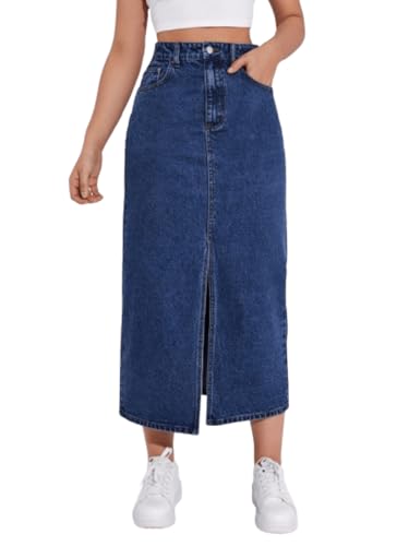 Image of Aahwan Women's & Girl's Black Solid High Waist Slit Below The Knee Denim Skirt