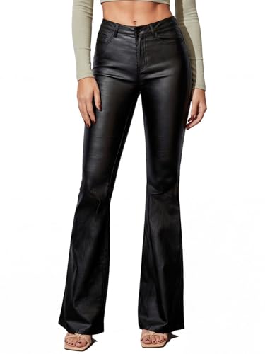 THE LOVE BRAND Womens Faux Leather Coated Flare Pants Mid Waist Black Leather Pants Black Skinny Leggings with Pockets (US Alpha X-Small Regular Regular Black)