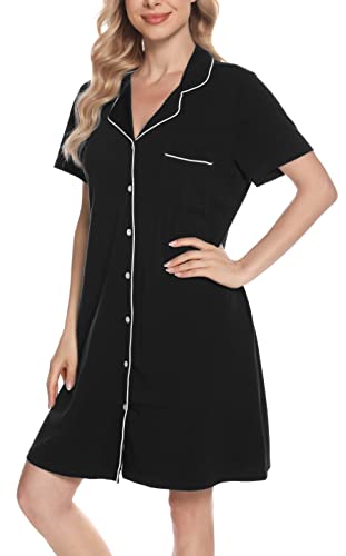 Vlazom Women's Nightgowns Short Sleeve Sleep Shirts Nightshirt V Neck Button Down Pajama Sleepwear S-XXL