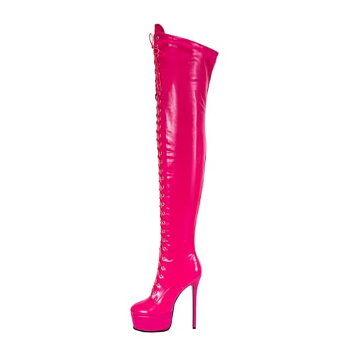 Image of Shiny leather Thigh high boots for Women Stiletto heel Platform Over the knee Round toe back zipper Sexy Front Strappy high heel Cosplay Custume unisex boots